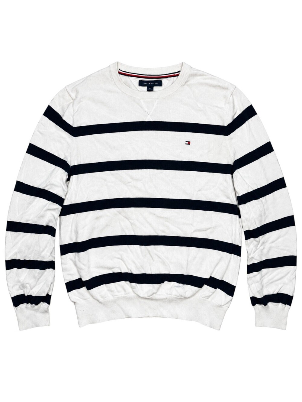 Tommy Hilfiger Men's White and Navy Striped Crew Neck Sweater Medium